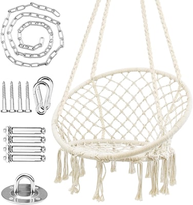 Boho Macrame Hammock Chair Swing with Hanging Kit &ndash; Indoor/Outdoor Cotton Rope Swing for Patio, Bedroom &amp; Garden, Holds Up to 330 lbs (Beige)