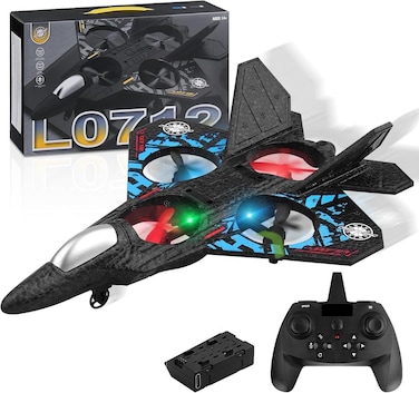RC Aeroplane Quadcopter &ndash; 2.4GHz remote-controlled fighter plane with colored lights, USB charging, one-button 3D rolls, and 360&deg; stunts. RTF toy for beginners, kids, and adults.