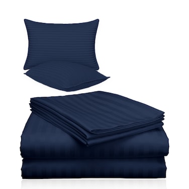 3 Piece Luxury Navy Blue Striped Bed Sheet Set with 1 Flat Sheet and 2 Pillowcases for Hotel and Home Crafted from Ultra Soft and Breathable Cotton for Year-Round Comfort, Single