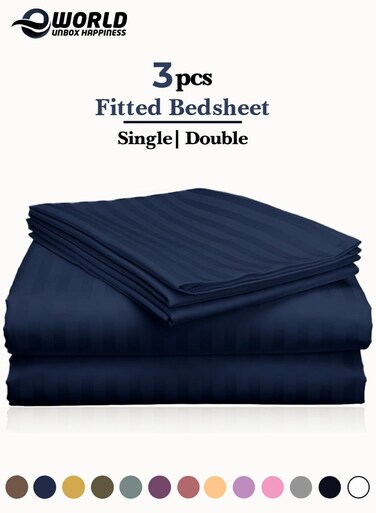 3-Piece Luxury Navy Blue Striped Bed Sheet Set, Ultra-Soft Cotton Fitted Sheet with 2 Pillowcases for Hotel &amp; Home &ndash; Double Size