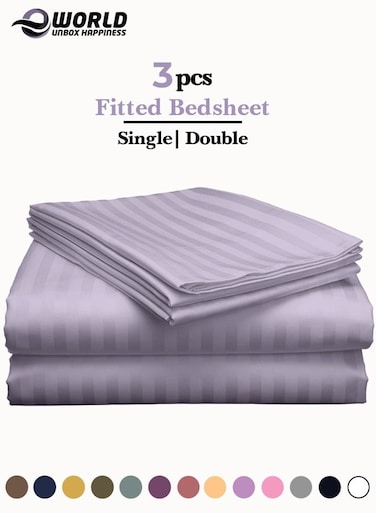 3-Piece Luxury Lilac Striped Bed Sheet Set, Ultra-Soft Cotton Fitted Sheet with 2 Pillowcases for Hotel &amp; Home &ndash; Double Size