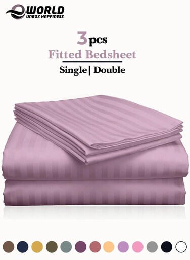 3-Piece Luxury Pink Striped Bed Sheet Set, Ultra-Soft Cotton Fitted Sheet with 2 Pillowcases for Hotel &amp; Home &ndash; Double Size