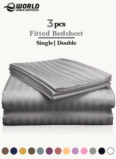 3-Piece Luxury Grey Striped Bed Sheet Set, Ultra-Soft Cotton Fitted Sheet with 2 Pillowcases for Hotel &amp; Home &ndash; Double Size