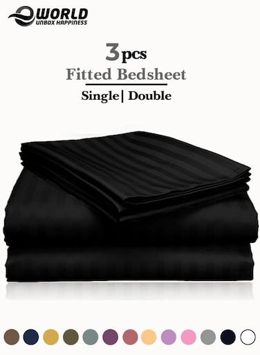 3-Piece Luxury Black Striped Bed Sheet Set, Ultra-Soft Cotton Fitted Sheet with 2 Pillowcases for Hotel &amp; Home &ndash; Single Size