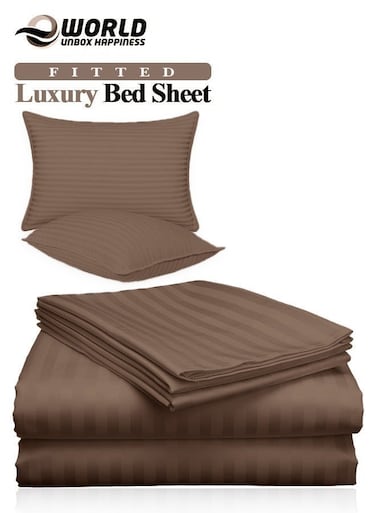 3-Piece Luxury Brown Striped Bed Sheet Set, Ultra-Soft Cotton Fitted Sheet with 2 Pillowcases for Hotel &amp; Home &ndash; Double Size