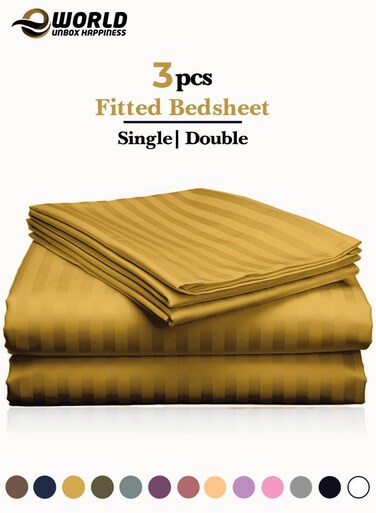 3-Piece Luxury Gold Striped Bed Sheet Set, Ultra-Soft Cotton Fitted Sheet with 2 Pillowcases for Hotel &amp; Home &ndash; Single Size