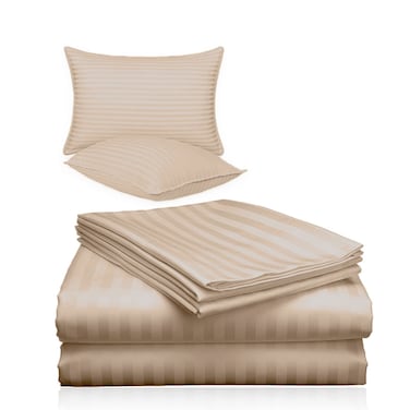 3 Piece Luxury Cream Striped Bed Sheet Set with 1 Deep Pocket Fitted Sheet and 2 Pillowcases for Hotel and Home Crafted from Ultra Soft and Breathable Cotton for Year-Round Comfort, Double