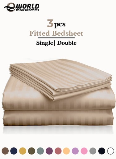 3-Piece Luxury CreamStriped Bed Sheet Set, Ultra-Soft Cotton Fitted Sheet with 2 Pillowcases for Hotel &amp; Home &ndash; Double Size