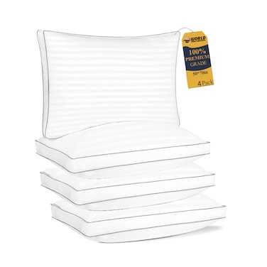 Set of 4 Premium Down Alternative Filled Bed Pillows in White Stripes with Breathable Cover, Double Piping, and Plush Bounce-Back Design