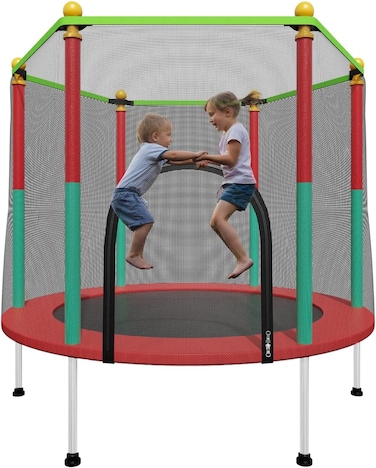Mini Trampoline with Safety Enclosure Net &ndash; Indoor &amp; Outdoor Jumping Playground for Kids, Fitness &amp; Fun Training Activities