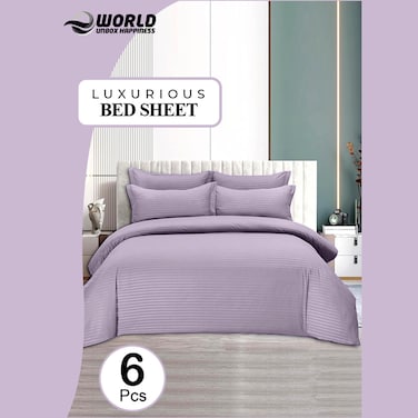 6 Piece Premium King Size Bedding Set, Purple Striped Design and High Quality Cotton Hotel Luxury Bedsheet, Soft Quilt Cover and Pillowcases