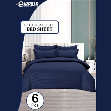 6-Piece Premium King Size Bedding Set, Navy Blue Striped Design and High-Quality Cotton Hotel Luxury Bedsheet Soft Quilt Cover and Pillowcases