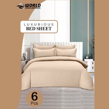 6-Piece Premium King Size Bedding Set, Cream Striped Design and High Quality Cotton Hotel Luxury Bedsheet Soft Quilt Cover and Pillowcases