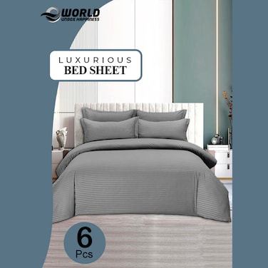6-Piece Premium King Size Bedding Set, Grey Striped Design and High Quality Cotton Hotel Luxury Bedsheet Soft Quilt Cover and Pillowcases