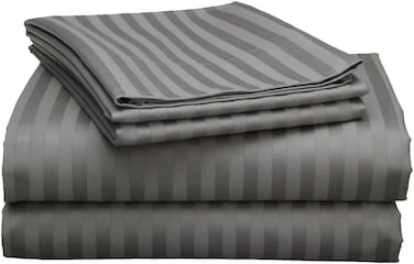 3 Piece Luxury Grey Striped Bed Sheet Set with 1 Flat Sheet and 2 Pillowcases for Hotel and Home Crafted from Ultra Soft and Breathable Cotton for Year-Round Comfort, (Double)