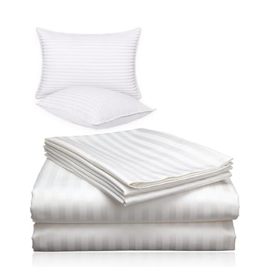 3 Piece Luxury White Striped Bed Sheet Set with 1 Flat Sheet and 2 Pillowcases for Hotel and Home Crafted from Ultra Soft and Breathable For All Seasons Cotton for Year-Round Comfort (Double).
