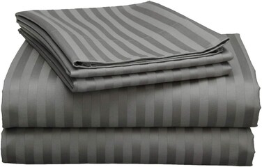 3 Piece Luxury Grey Striped Bed Sheet Set with 1 Flat Sheet and 2 Pillowcases for Hotel and Home Crafted from Ultra Soft and Breathable Cotton for Year-Round Comfort, (Double)