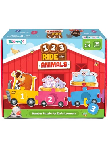 Bloomingo Numbers Learning Kit - 123 Ride with Animals - Number Puzzle and Math Activity Sheets, Fun and Strategy Game for Toddlers and Kids (2-4 Years), Engaging Animal Puzzle for Boys and Girls