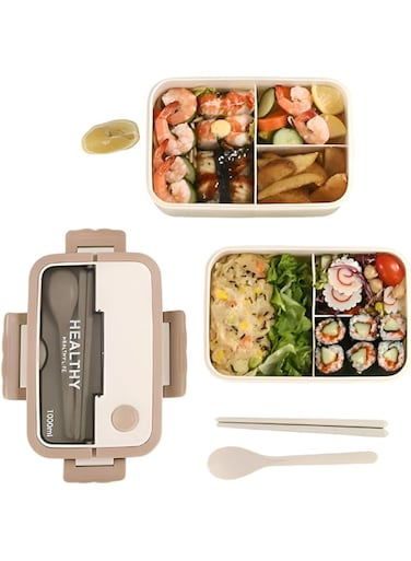 Generic Microwavable Tiffin Lunch Box, 3 Compartments Bento Box For Kids and Adults with Reusable Spoon and Chopstick, Leakproof &amp; Sealed Food Container