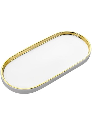 TOMVAES Ceramic Tray, Nordic Style Bathroom Vanity Tray with Golden Rim, Decorative Tray Countertop Sink Storage Holder Organizer for Soap, Candles, Perfume, Comestic, 25 * 11.5 * 2cm, White