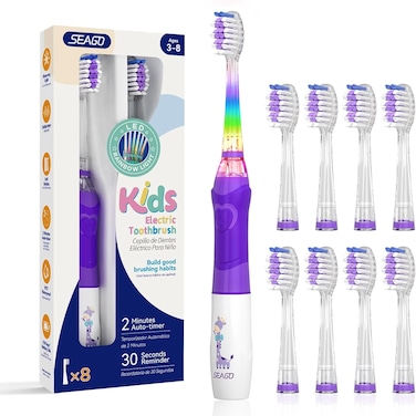 SEAGO Kids Electric Toothbrush with 2 Mins Brushing Timer and 8 Replacement Bursh Heads,Rainbow LED Light Make Brushing Fun, Pink Color Girls Battery Powerd Toothbrush for 5-8 Years Old