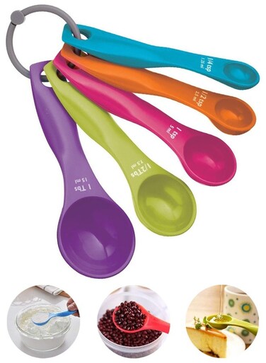 Spoon Set, 5 Spoons for Measuring Food, Durable, Stain Resistant and Dishwasher Safe Plastic, Kitchen Utensils Baking Set
