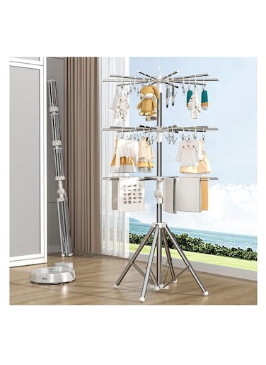 Foldable Clothes Drying Stand Multilayer Clothes Drying Rack Indoor Outdoor Laundry Clothes Airer Hanger Strong Wind Resistance for Socks Underwear Pants Towel Bras and Baby Clothes (Silver)