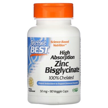 Doctor's Best High Absorption Zinc Bisglycinate 100% Chelated, 90 Veggie Capsules, 50 mg