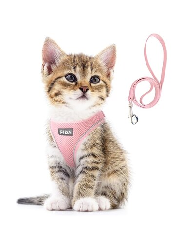 Fida Cat Harness and Leash Set for Walking Kitten and Puppy, Escape Proof Kitten Harness with Breathable Lightweight Soft Mesh, Adjustable Reflective Step-in Design. (XXXS, Pink)