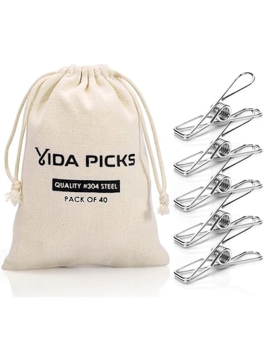 Wire Clothespins Laundry Chip Clips-40 Pack Bulk Clothes Pins with Heavy Duty, Durable Clamp Metal Clothes Pegs Multi-purpose for Outdoor Clothesline Home Kitchen Travel Office Decor Food Bag (Silver)