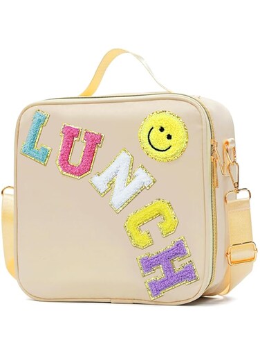 LOKFAR Insulated Lunch Bag Women Lunch Box Kids for Teen Girls Boys, Cute Preppy Lunch Boxes With Adjustable Shoulder Strap, Waterproof Nylon Lunchbox Lunch Bags for School Work Picnic (Beige)