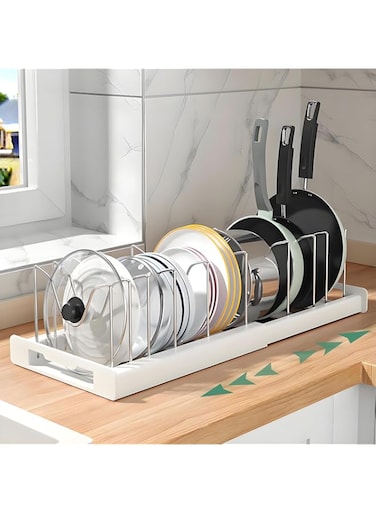 Pot and Pan Organizer, Expandable Pot Lid Organizer Holder with 10 Adjustable Compartment, Space-Saving Pot Lid Organizer for Cutting Board, Cookware, Baking, Cutting Boards, Lid, Dishes