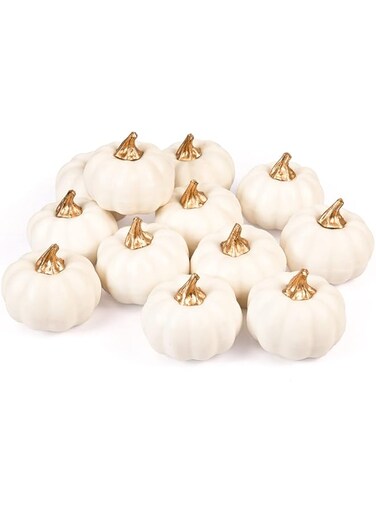 Whaline Artificial Pumpkins Bulk Vintage White Pumpkin Harvest Lifelike Pumpkin Fake Foam Pumpkin for Fall Autumn Halloween Home Thanksgiving Party House Kitchen Wedding Decor, 12Pcs