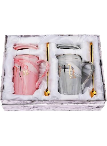 Amerteer Mr and Mrs Coffee Mugs - Wedding Gift - for Bride and Groom - Gift for Bridal Shower Engagement Wedding and Married Couples Anniversary -Ceramic Marble Cups 14 oz