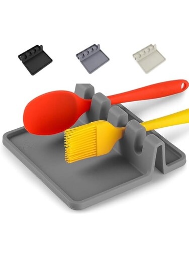 Kitchen Silicone Utensil Rest - Durable Spoon Rest with Drip Pad - Heat-Resistant Spoon Rest for Stove Top - Spoon Rest for Kitchen Counter - Kitchen Gadgets &amp; Kitchen Utensils Holder (Black)