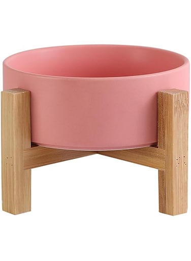 Pink Ceramic Elevated Raised Cat Bowls,Cat Food Dish with Stand, Raised Cat Food or Water Bowls Anti Vomiting,Pet Bowl with Anti Slip Rubber pad,Stress Free for Cats and Small Dogs（400ML/13.5OZ)