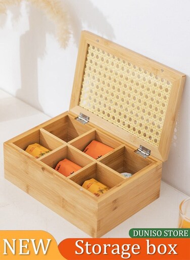 Wooden Tea Bag Organizer Storage Box, 6 compartment tea bag partition box, desktop storage rack with lid, suitable for coffee, tea, bagged drinks, tea room home and hotel 24 * 16.5 * 9cm