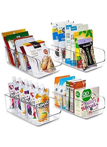 4 Pack Food Packet Organizer Bins, Plastic Clear Pantry Bins for Holding Seasoning Packets, Spice Packets, Pouches, Snacks in Kitchen, Cabinets or Countertop, with 2 Removable Dividers