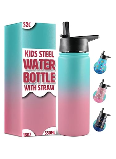 S2C Kids Water Bottle with Straw Lid &ndash; 550ml Stainless Steel, Double Wall Insulated, BPA-Free, Leak-Proof Bottle for School &amp; Toddlers (BUBBLE GUM)
