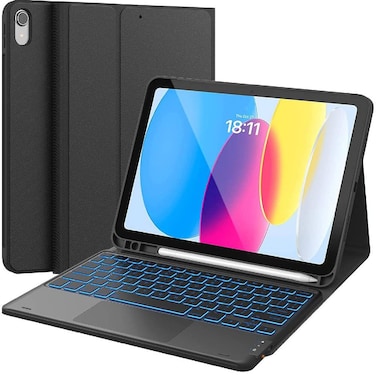 ZOOMEE Touchpad iPad 10th Generation Case with Keyboard (10.9&quot;, 2022), 7 Color Backlight, Multi-Touch Trackpad, Flip Stand Case with Pencil Holder, 2 Bluetooth Channels for New iPad 10th 2022, Black