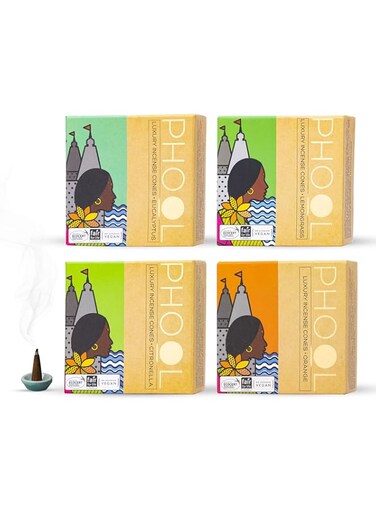 PHOOL LUXURY INCENSE Natural Cones (Bundle Pack Of 4) I Citral Fragrances - Citronella, Eucalyptus, Lemongrass, Orange I 100% Organic Dhoop Cones   Natural Mosquito Repellents