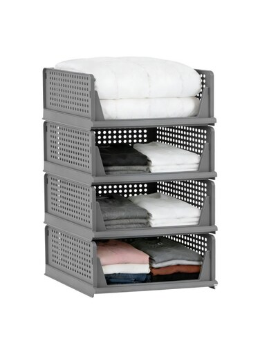 Stackable Closet Organizer Storage Basket, Foldable Plastic Clothes Storage Drawer for Wardrobe Cabinet Kitchen Bathroom Office, Space Saving Collapsible Clothing Organizer