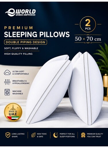 Set of 2 Premium Hotel-Quality Pillows, Crafted with Firm, Supportive Gusseted Design &amp; Double Piping, Ideal for Side &amp; Back Sleepers, Enjoy Cooling Down Alternative Fill for Luxurious Fluffy Softness