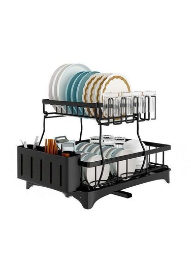 Dish Drying Rack-2 Tier Kitchen Dish Rack with Drainage Plate and Rotating Nozzle, with Removable Cutting Board Holder Utensil Holder and Cup Holder,Black Dish Stand