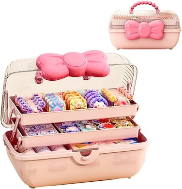 Cute Girls Hair Accessories Storage Box Bow Switch Organizer Box Jewelry Box, Plastic Hair Ties Holder Hair Clips Container Headbands Organizer Gift for Baby Girls Multipurpose Organizer Pink