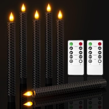 SoulBay Black Flameless Taper Candles, 9.7" Battery Operated Real Wax Honeycomb LED Window Candle Sticks with Remote &amp; Timer, Flickering Realistic Bright Lights for Table Halloween Decorations, 6PCS
