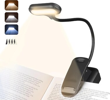 Baytion Book Reading Light with Bookmarks, USB Rechargeable Book Light for Reading at Night in Bed,3 Color Modes &amp; Stepless Dimming, 360&deg; Adjustable, Portable Clip-on Book Lamp for Kids Travel-Black
