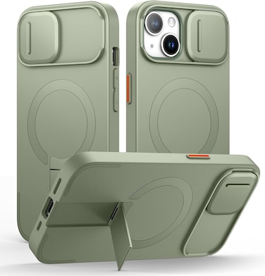 Suritch Magnetic Case Compatible with iPhone 13/14, ShockProof Protective Cover with Slide Camera Cover and Adjustable Kickstand(GREEN)