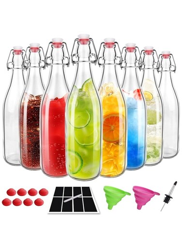 SKYLINK 8 Pack 32oz Glass Bottles with Flip-Top Lids &ndash; Reusable Airtight Beverage Bottles for Juice, Water, Sparkling Drinks &ndash; Includes Silicone Seals, Chalkboard Labels, Funnels &amp; Pour Spout