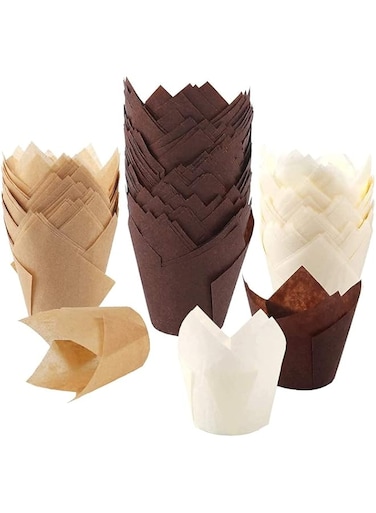 200-piece tulip cupcake baking cups, muffin baking liner holders, rustic cupcake wrappers, brown, white and natural colors (A)